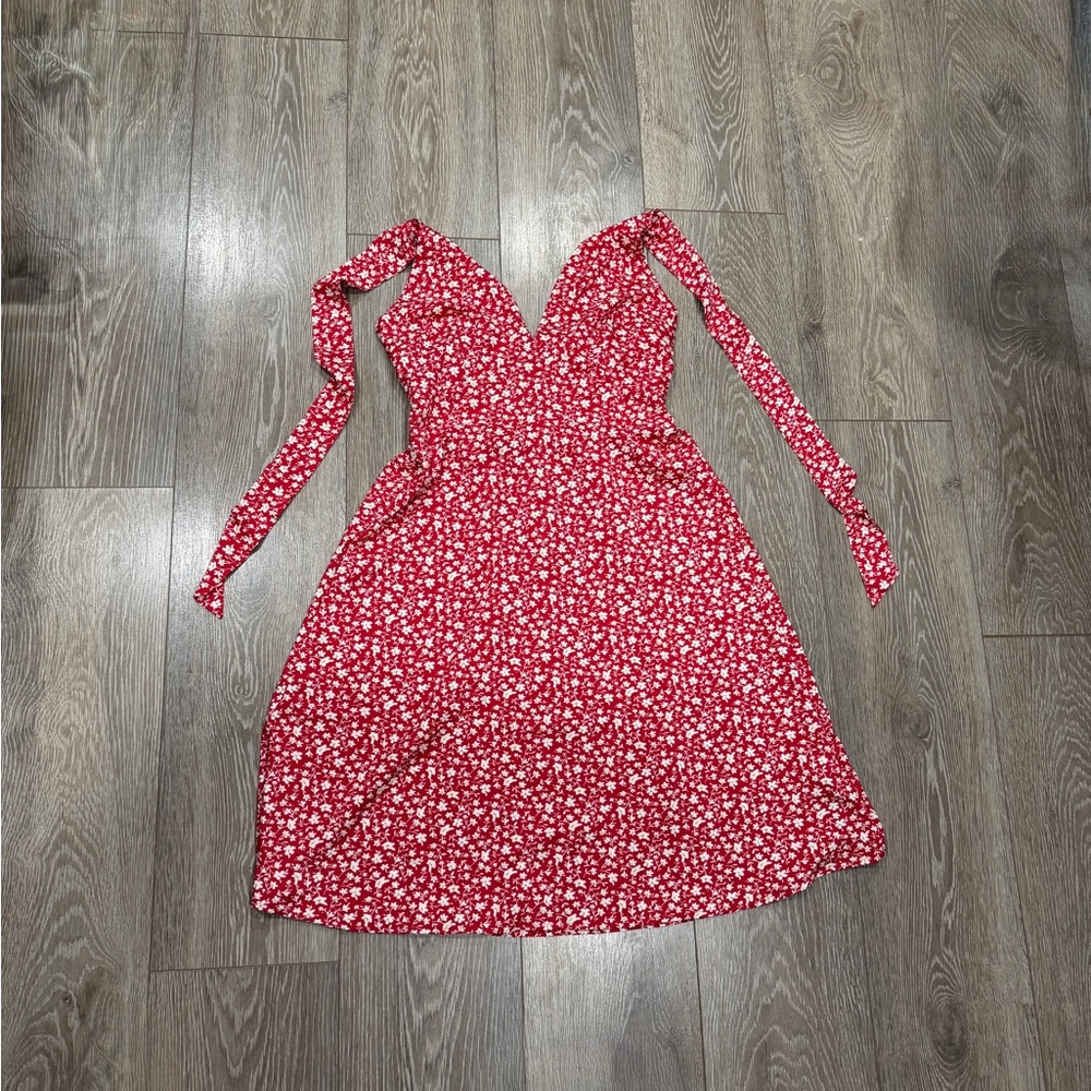 Floral Halter V-Neck Dress-A Line-Stretch back-Large-Red Zaful.